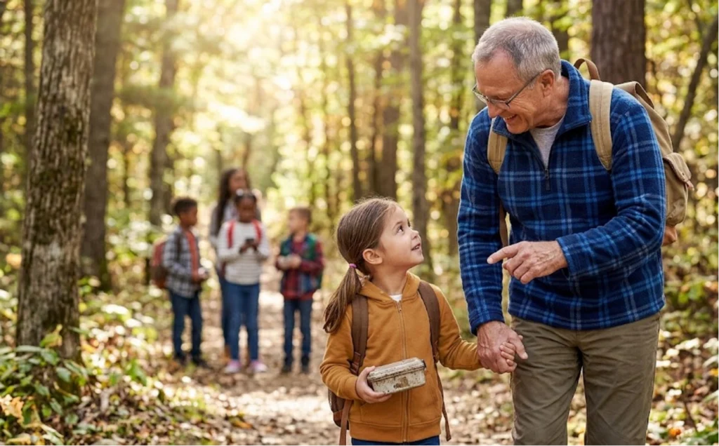 An older man and a young girl holding hands walk on a forest trail, smiling at each other. Several children follow behind them, also hiking. Sunlight filters through the trees.
