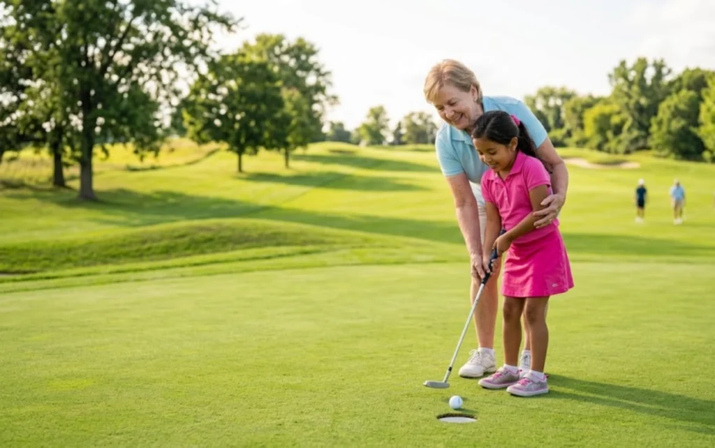 An older woman helps a young girl putt a golf ball on a green course, both smiling. Trees and other golfers are visible in the background on a sunny day.