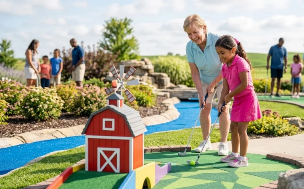 An older woman helps a young girl play mini golf on a colorful course with a red barn obstacle. Other people are playing in the background on a sunny day.
