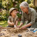 An older woman and a young boy, both dressed like paleontologists, smile while uncovering a dinosaur skeleton model in a sandbox in a sunny garden. Paleontology tools and rocks are scattered around them.