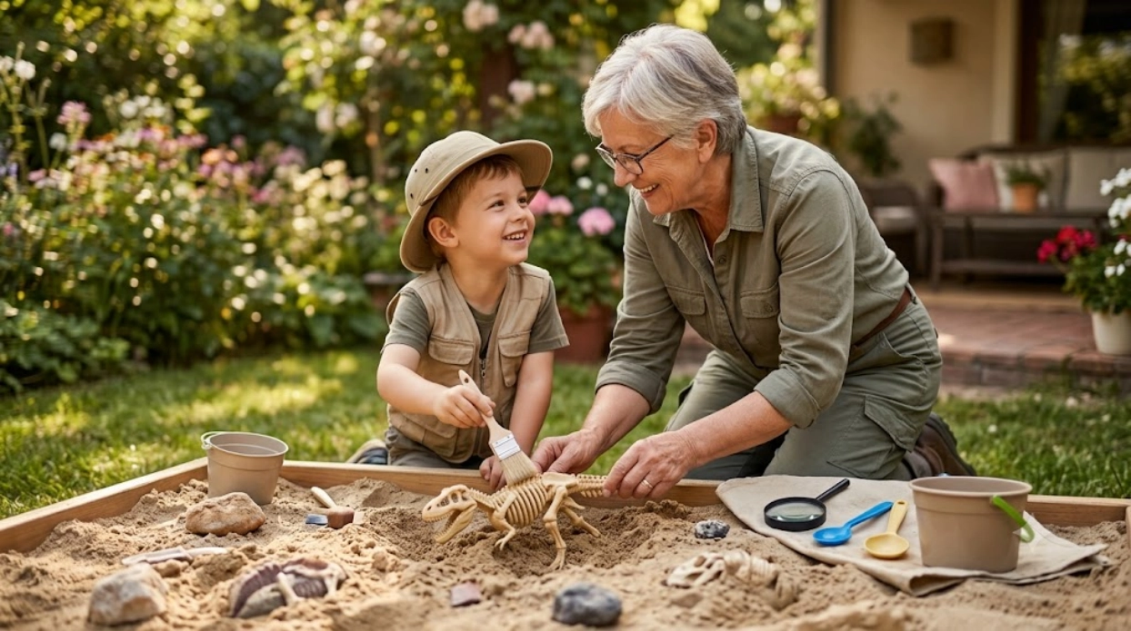 An older woman and a young boy, both dressed like paleontologists, smile while uncovering a dinosaur skeleton model in a sandbox in a sunny garden. Paleontology tools and rocks are scattered around them.