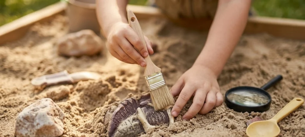 A child uses a paintbrush to uncover a fossil in a sandbox, with a magnifying glass and toy dinosaur bones nearby.