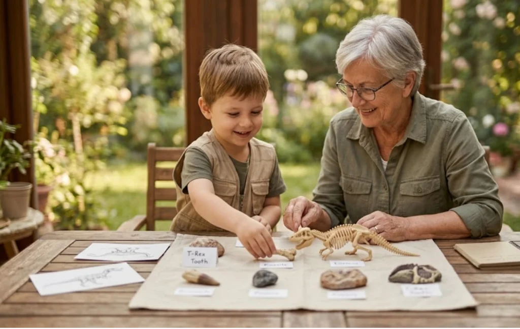 A smiling child and older woman sit at a table outdoors, examining a dinosaur model and rocks labeled with names, with worksheets and greenery visible in the background.