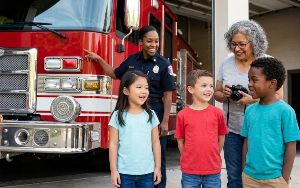 A firefighter stands by a fire truck, smiling and pointing as three young children and an adult with a camera watch and smile outside the fire station.