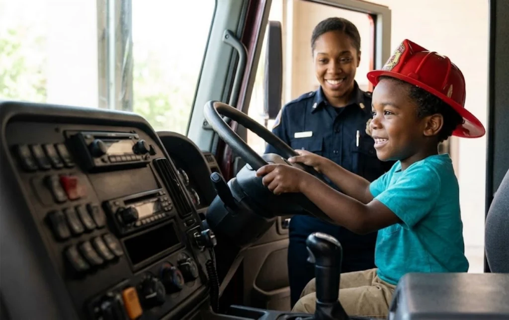 A smiling child wearing a red firefighter hat sits at the wheel of a fire truck, pretending to drive, while a uniformed firefighter stands nearby, smiling encouragingly.