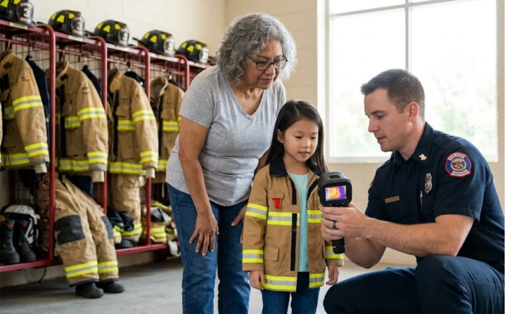 A firefighter shows a thermal imaging camera to a young girl in a fire jacket, with an older woman watching, inside a fire station near lockers with firefighting gear.