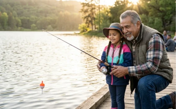 An older man and a young girl smile while fishing together on a wooden dock by a lake, surrounded by trees. The girl holds a fishing rod, and the sun sets in the background.