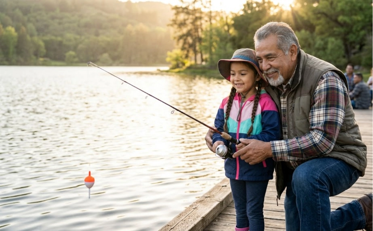 An older man and a young girl smile while fishing together on a wooden dock by a lake, surrounded by trees. The girl holds a fishing rod, and the sun sets in the background.