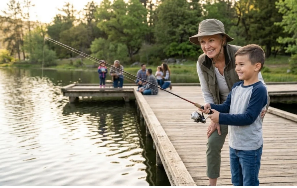 Smiling older woman and young boy fishing together on a wooden dock by a lake, surrounded by trees, with other people in the background enjoying the outdoors.