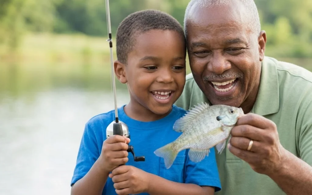Smiling grandfather and young boy holding a fishing pole and a freshly caught fish by a lake, enjoying time together outdoors.
