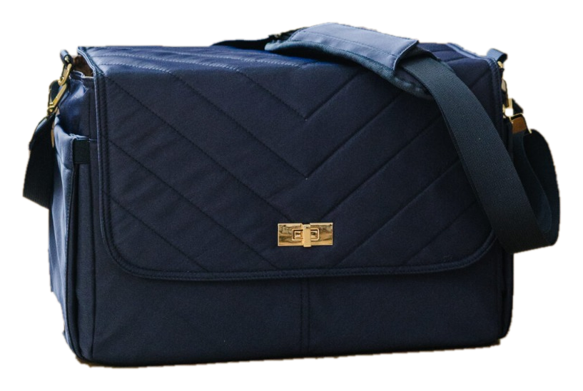 A navy blue quilted messenger bag with a gold clasp and an adjustable shoulder strap, displayed against a plain white background.