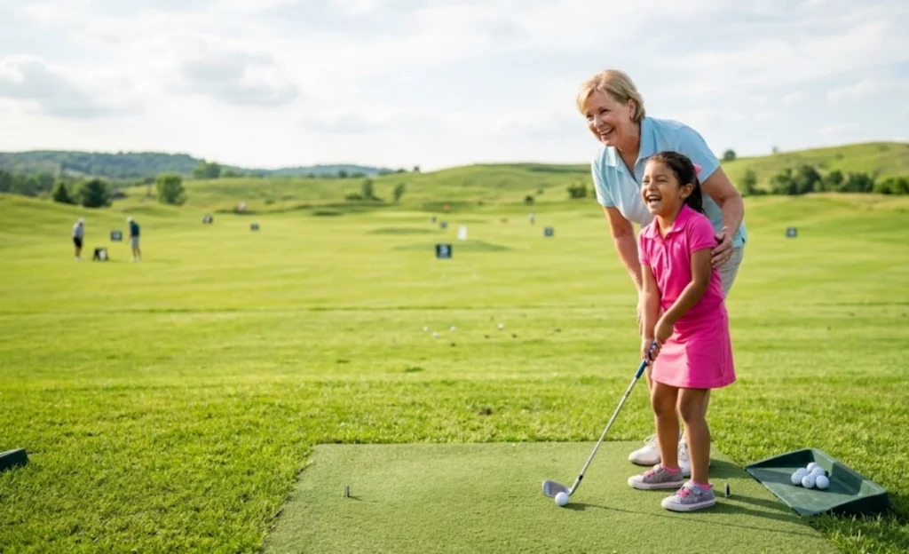 An older woman and a young girl, both smiling, stand on a golf range. The girl holds a golf club, preparing to hit a ball, while the woman guides her. The background features a grassy field and distant hills.