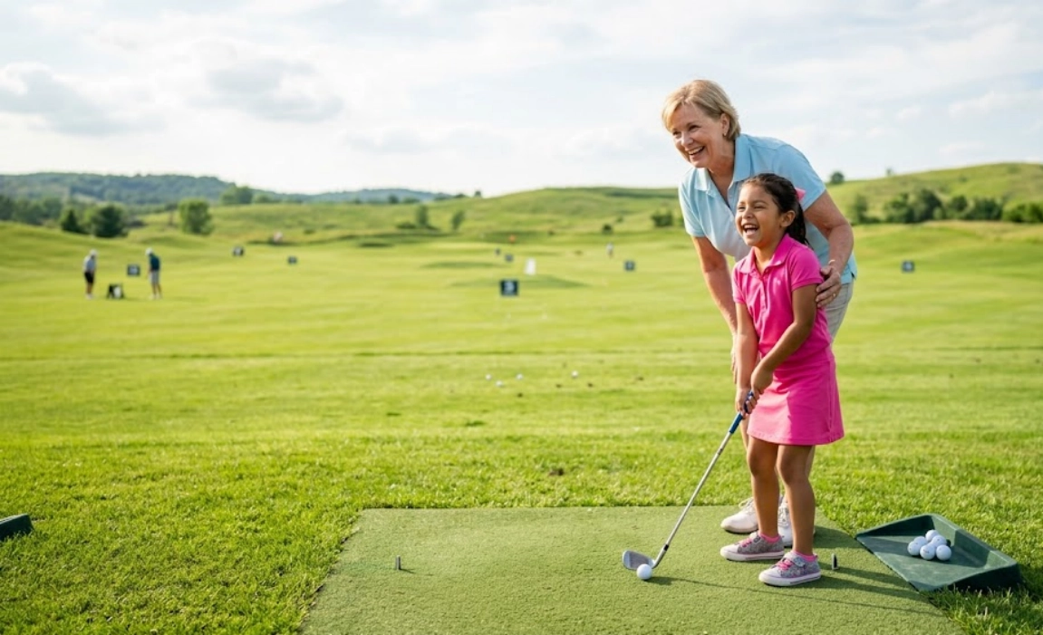 An older woman and a young girl, both smiling, stand on a golf range. The girl holds a golf club, preparing to hit a ball, while the woman guides her. The background features a grassy field and distant hills.
