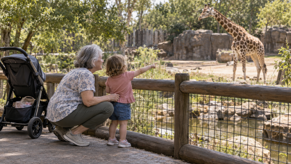 During a zoo visit with toddler in tow, an older woman and a young girl stand by a wooden fence, gazing at a giraffe. The girl excitedly points toward the animal while a stroller rests nearby. Trees and rocks form the background, completing this charming moment.