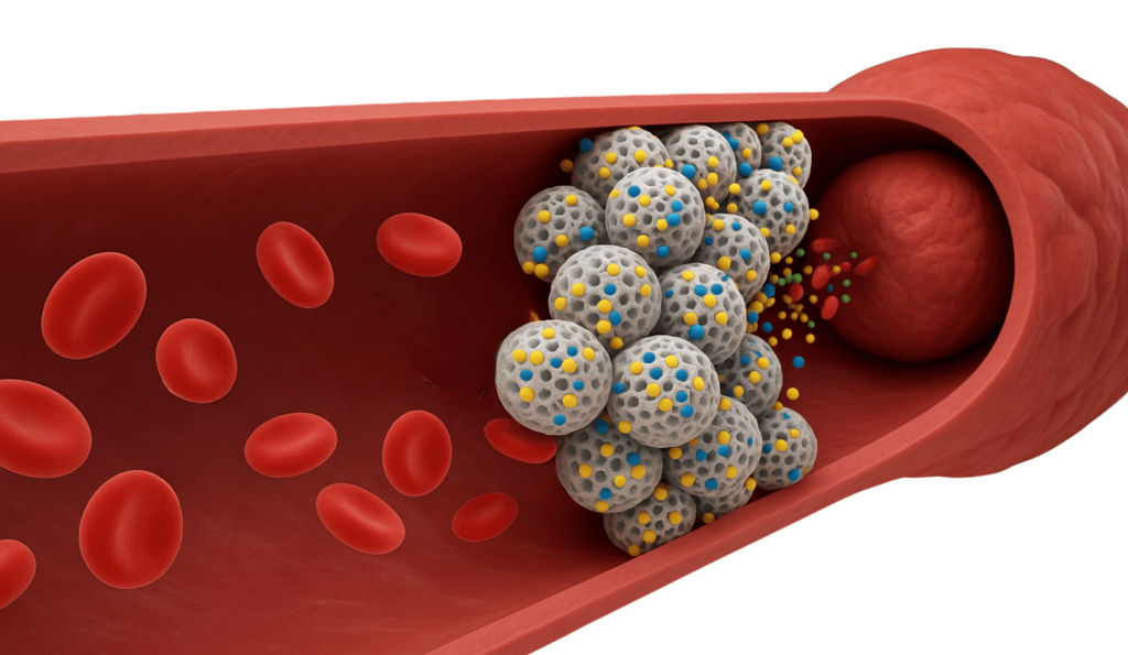 3D illustration of red blood cells in an artery, with spherical particles representing medication or nanoparticles for cancer treatment delivery targeting a blood clot blocking part of the vessel.