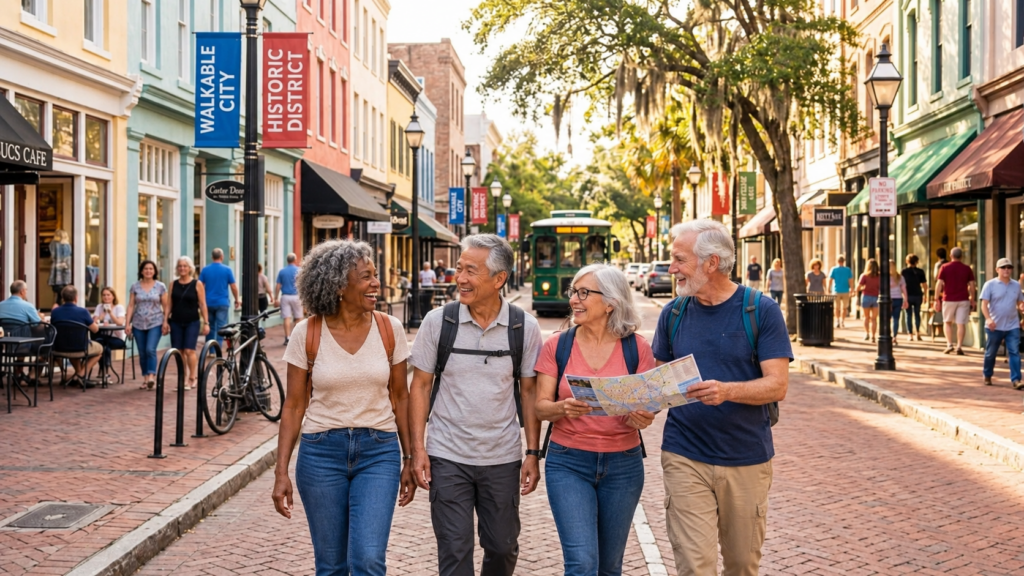 Four older adults walk together on a lively, colorful city street. Two hold a map while they all smile and chat. Shops, a green trolley, and other pedestrians appear in the background on a sunny day.