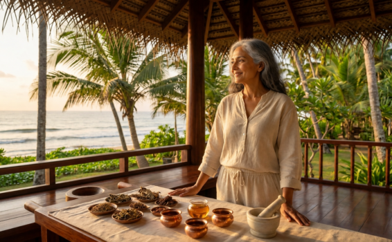 A woman stands at a wooden table with bowls of herbs and teas, under a thatched roof by the ocean, surrounded by tropical greenery at sunset.