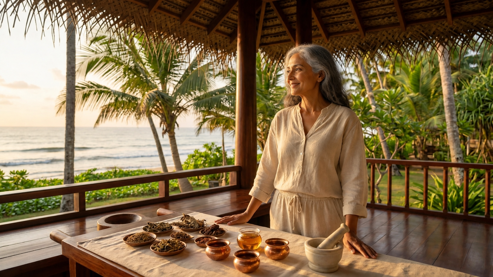 A woman stands at a wooden table with bowls of herbs and teas, under a thatched roof by the ocean, surrounded by tropical greenery at sunset.