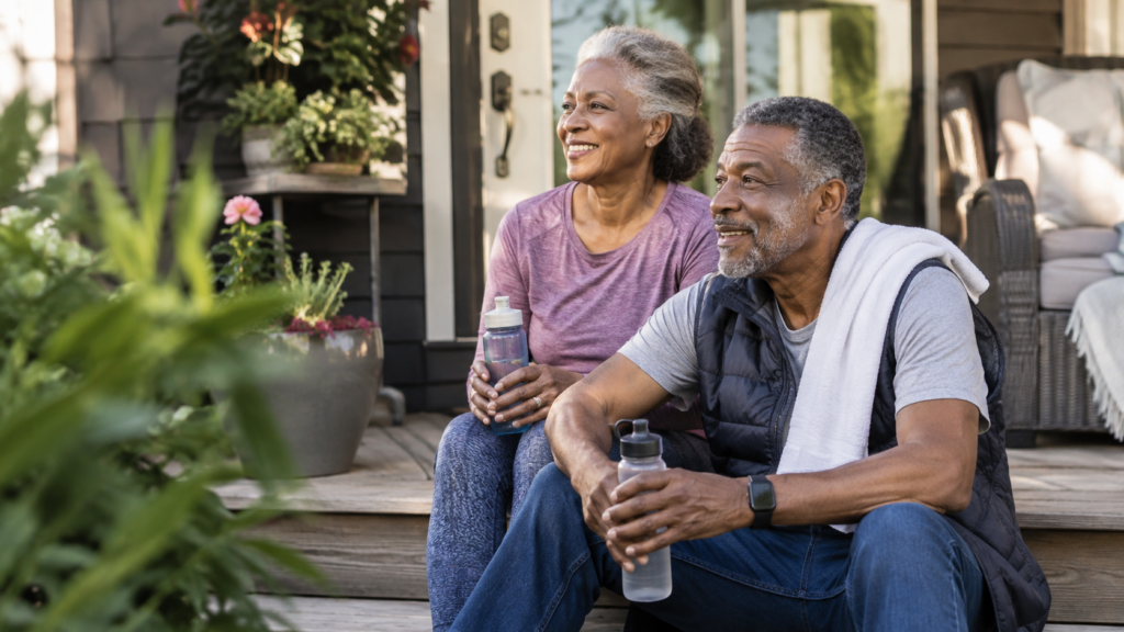 Two older adults sit on a porch, smiling and holding water bottles. One wears a towel over their shoulder. Lush green plants and flowers decorate the space, suggesting a relaxed, outdoor setting.