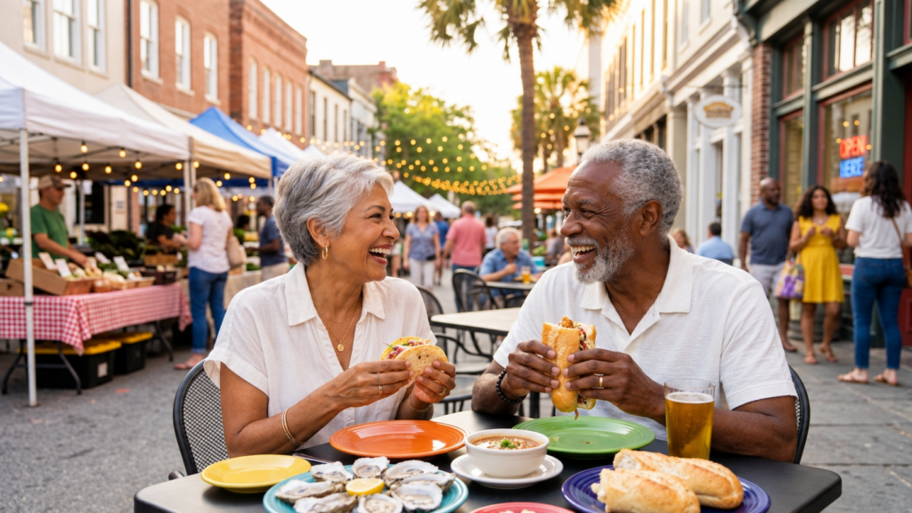 An older couple enjoys sandwiches and oysters at an outdoor market dining table, smiling and laughing. People, food stalls, and string lights are visible in the background on a sunny day.