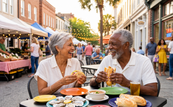 An older couple enjoys sandwiches and oysters at an outdoor market dining table, smiling and laughing. People, food stalls, and string lights are visible in the background on a sunny day.