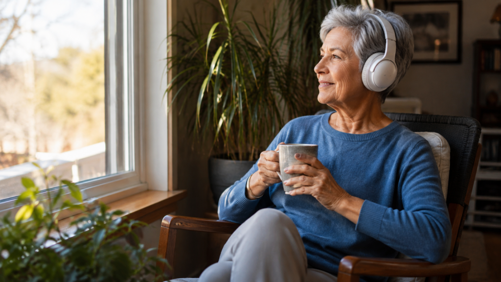 Older woman with short gray hair, wearing headphones and a blue sweater, sits in a chair by a window, holding a mug and smiling as she looks outside, surrounded by green indoor plants.