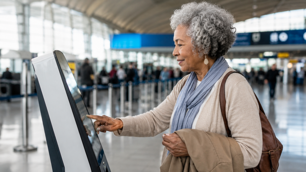 An older woman uses an airport self-service kiosk, touching the screen. She holds a coat and wears a scarf, with travelers and check-in lines visible in the background.