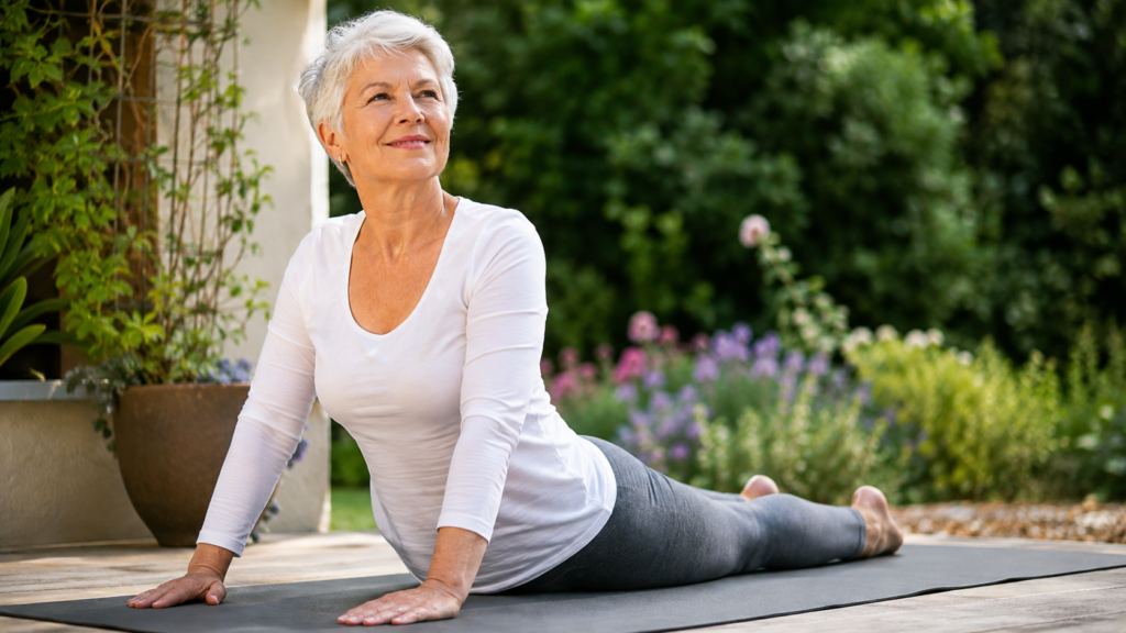 Smiling older woman with short gray hair does a yoga stretch on a mat outdoors, surrounded by greenery and flowers, wearing a white top and gray leggings.