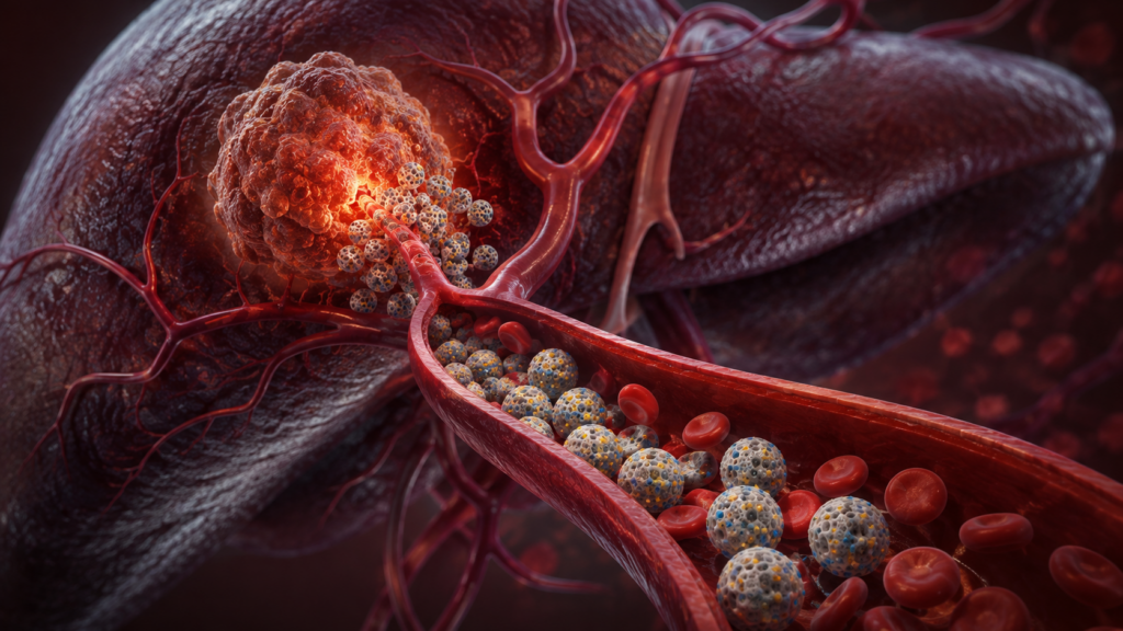 A close-up illustration of a liver tumor with targeted medicine, shown as small spheres, traveling through blood vessels toward the tumor to depict advanced cancer treatment delivery.