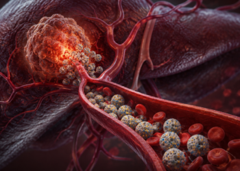 A close-up illustration of a liver tumor with targeted medicine, shown as small spheres, traveling through blood vessels toward the tumor to depict advanced cancer treatment delivery.
