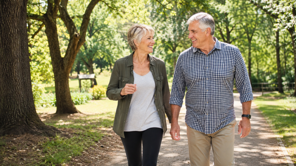 An older couple smiles at each other while walking together on a tree-lined path in a sunlit park.