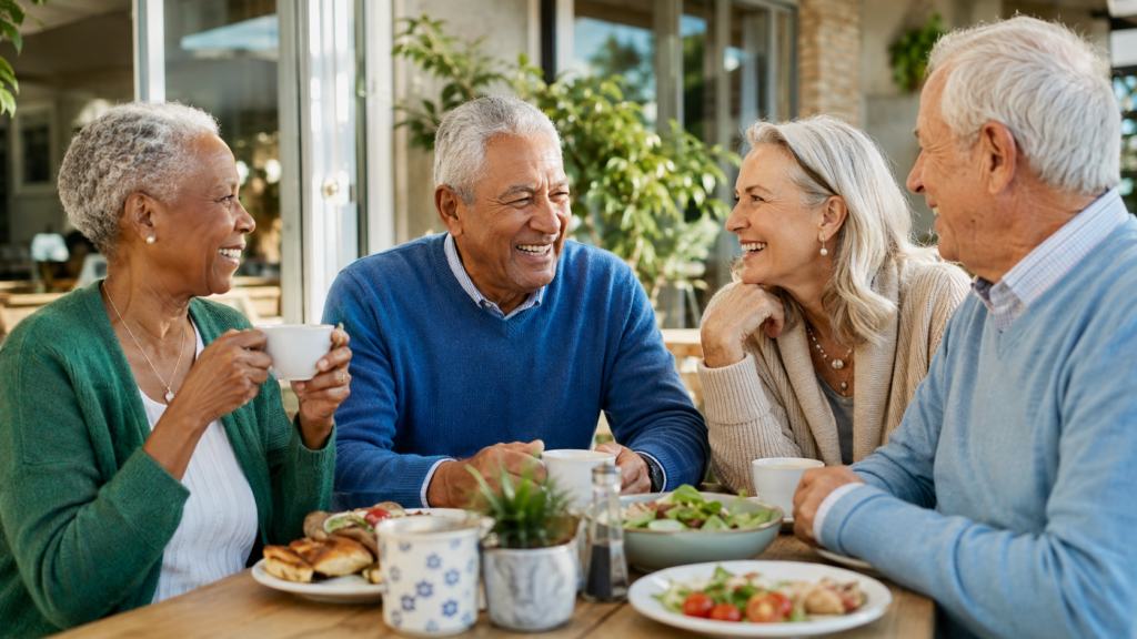Four older adults sit at a table outdoors, smiling and talking while enjoying coffee and food. Sunlight streams in, and potted plants surround them, creating a warm, friendly atmosphere.