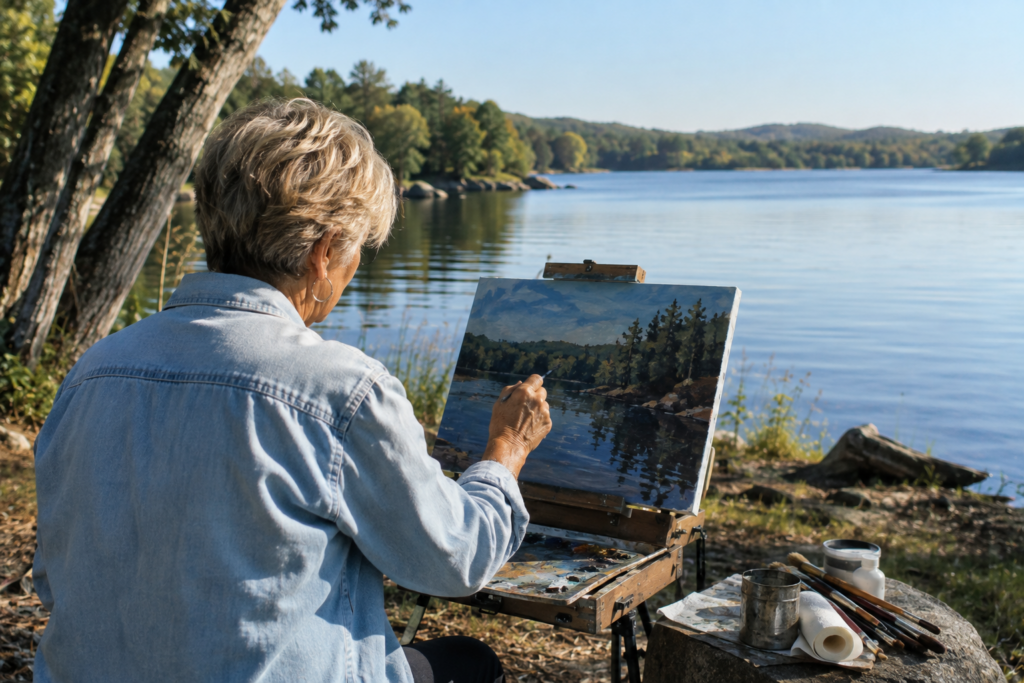 An older person with short gray hair enjoys a fulfilling retirement as they paint a landscape on a canvas by a lake, surrounded by trees and art supplies, under clear daylight.