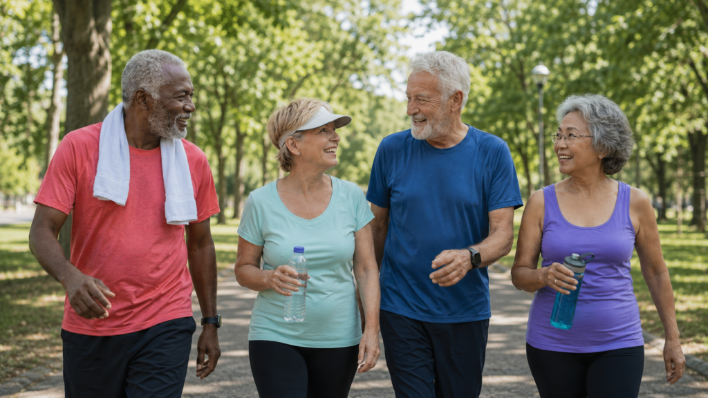 Four older adults walk together in a park on a sunny day, smiling and holding water bottles, dressed in casual workout clothes. Trees and greenery line the background.