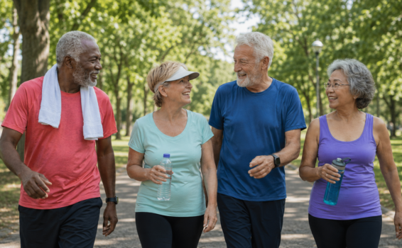 Four older adults walk together in a park on a sunny day, smiling and holding water bottles, dressed in casual workout clothes. Trees and greenery line the background.