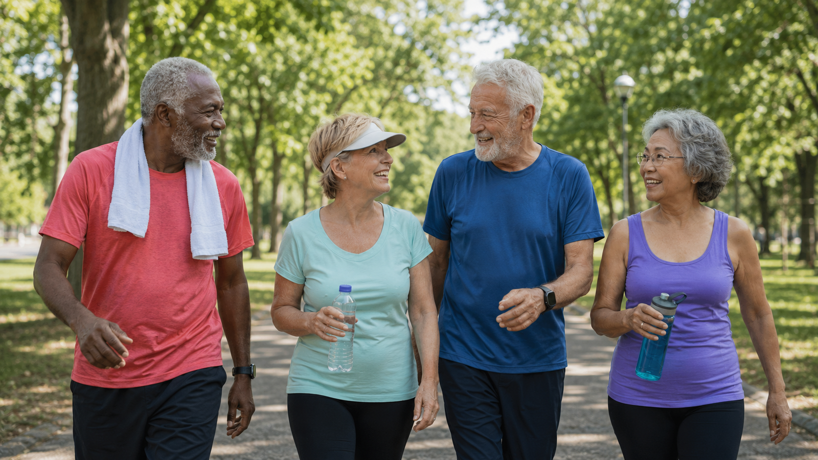 Four older adults walk together in a park on a sunny day, smiling and holding water bottles, dressed in casual workout clothes. Trees and greenery line the background.