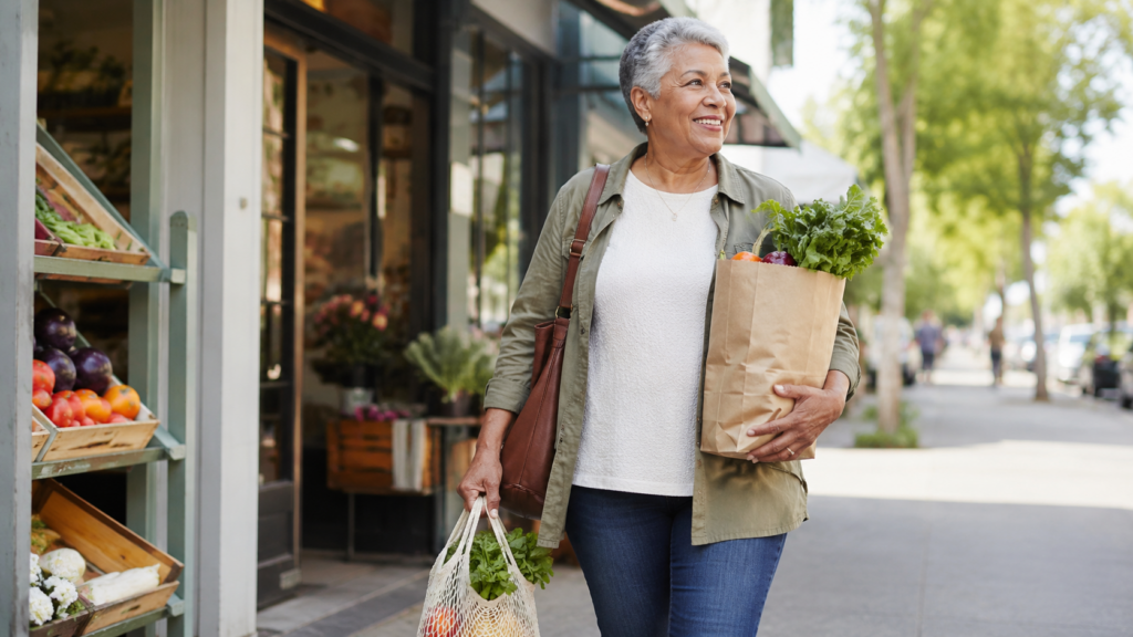Smiling older woman walks outside a store, carrying a paper bag of groceries in one arm and a reusable net bag with fresh produce in the other. Fresh fruits and vegetables are displayed on stands nearby.