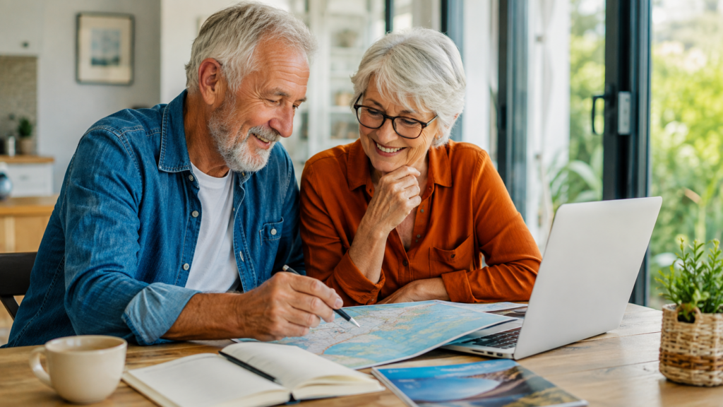 An older man and woman sit at a table smiling, looking at a map, with a laptop, notebook, and travel brochure, possibly planning a trip in a bright, cozy room.