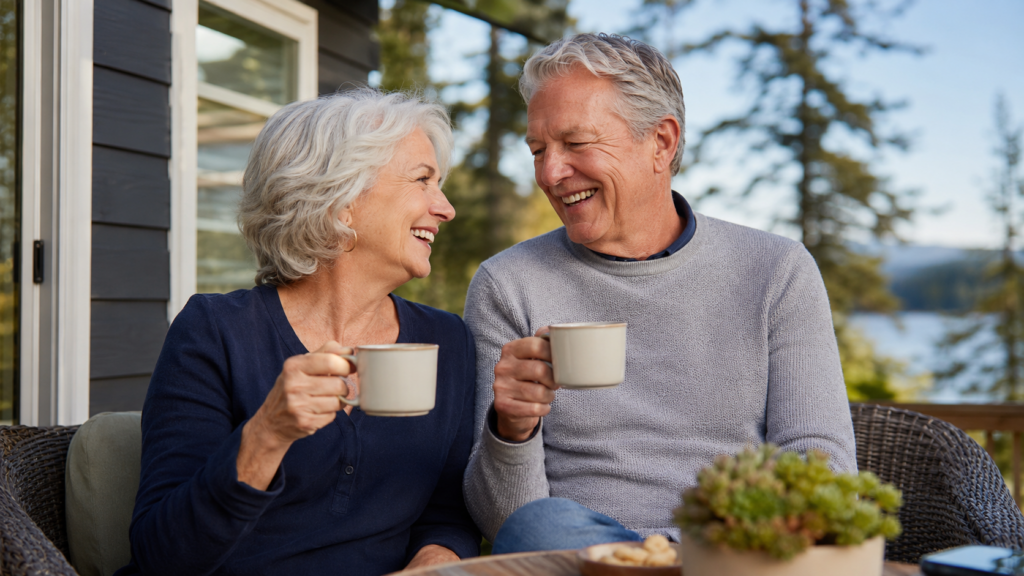An elderly couple sits outdoors on a patio, smiling and holding mugs. Trees and a lake are visible in the background. The scene is bright and peaceful.