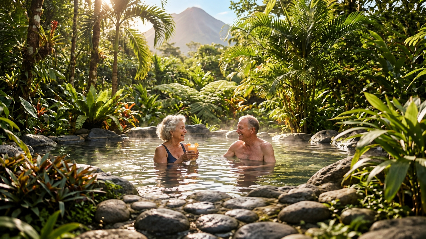 Two older adults relax in a natural hot spring surrounded by lush tropical plants, holding drinks and smiling at each other, with a mountain visible in the sunny background.