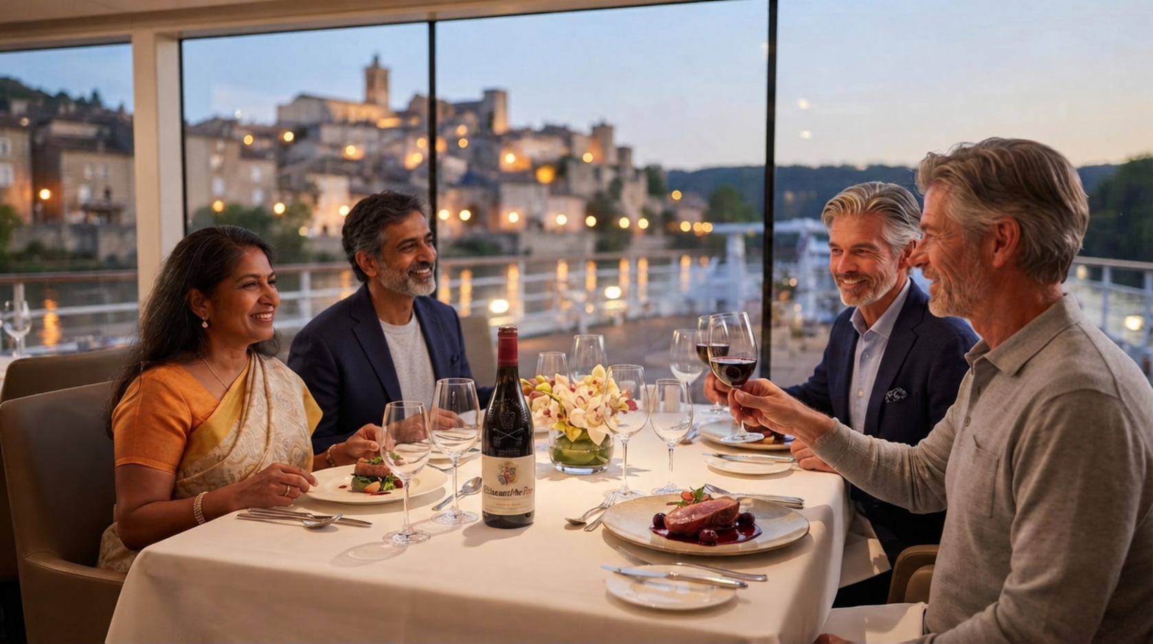 Four people enjoy a dinner with wine at an elegant restaurant, overlooking a scenic riverside town through large windows at dusk.
