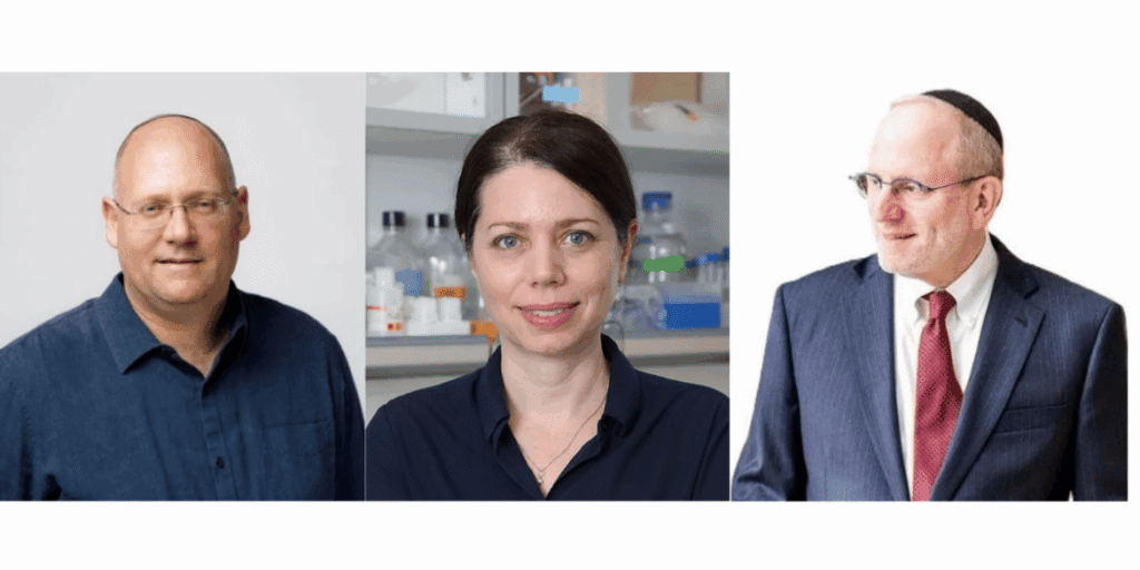 Three adults standing separately: a man in a blue shirt, a woman in a lab setting possibly involved in cancer treatment delivery, and a man in a suit and tie with a kippah, all facing the camera.