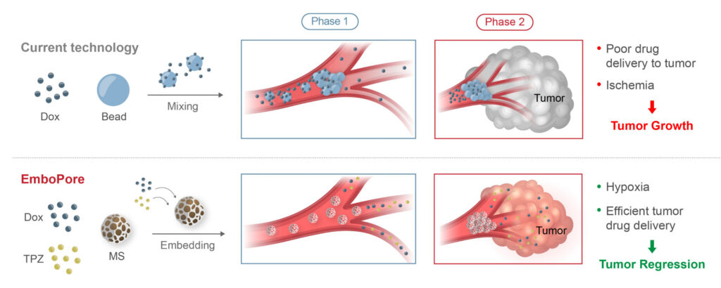 Diagram compares traditional cancer treatment delivery, showing tumor growth due to poor drug distribution, with EmboPore technology enabling efficient cancer treatment delivery and resulting in tumor regression. Arrows and colored boxes highlight differences in outcomes.