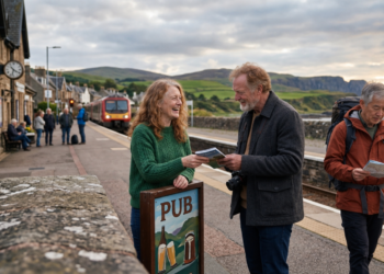 Two people smile and look at a map by a PUB sign at a rural train station, with a train approaching and scenic hills in the background. Other travelers and buildings line the platform.