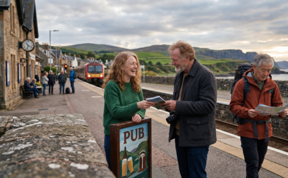 Two people smile and look at a map by a PUB sign at a rural train station, with a train approaching and scenic hills in the background. Other travelers and buildings line the platform.
