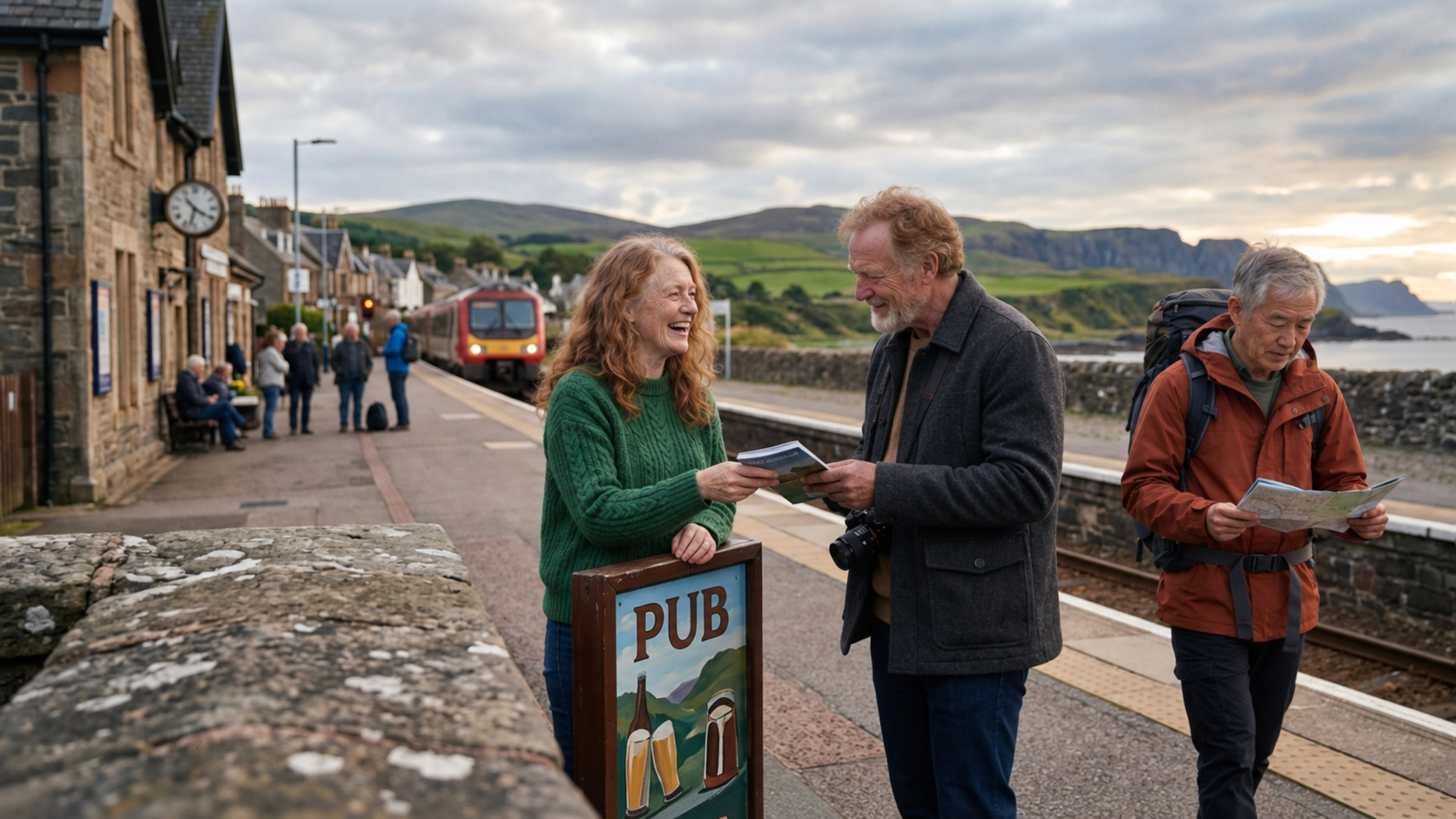 Two people smile and look at a map by a PUB sign at a rural train station, with a train approaching and scenic hills in the background. Other travelers and buildings line the platform.