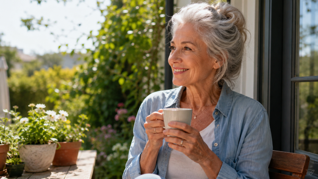 Smiling older woman with gray hair sits outdoors, holding a mug, surrounded by potted plants and greenery, enjoying a sunny day.