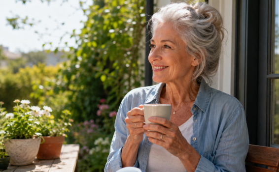 Smiling older woman with gray hair sits outdoors, holding a mug, surrounded by potted plants and greenery, enjoying a sunny day.