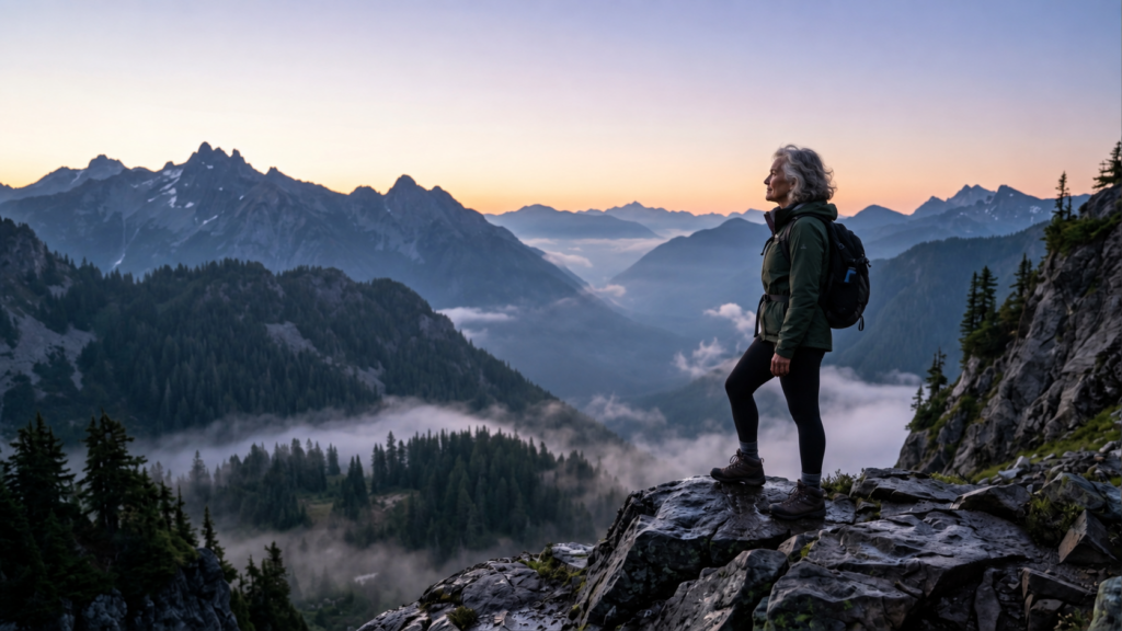 A person with gray hair and a backpack stands on a rocky ledge overlooking a misty mountain valley at sunrise, surrounded by pine trees and rugged peaks.