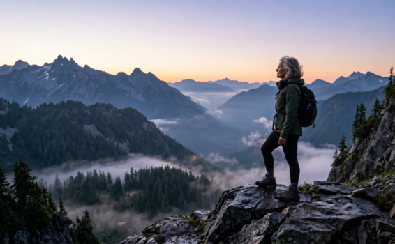 A person with gray hair and a backpack stands on a rocky ledge overlooking a misty mountain valley at sunrise, surrounded by pine trees and rugged peaks.